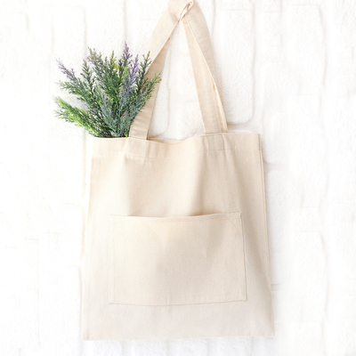 Cotton gabardine tote bag with front pockets - 1