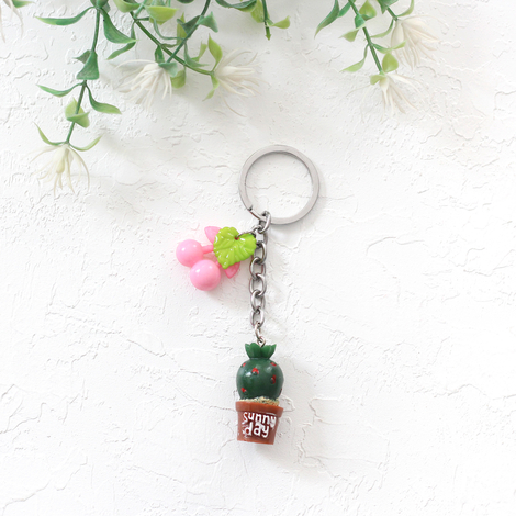 Round cactus keychain with pink fruit and brown pot - Bimotif