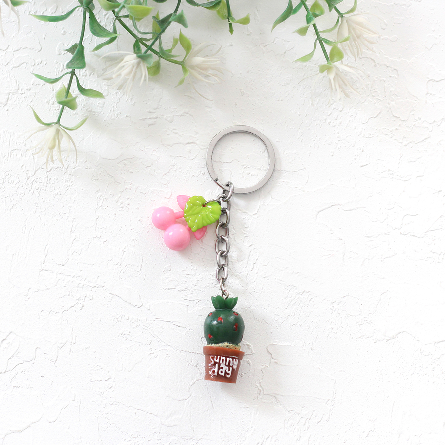 Round cactus keychain with pink fruit and brown pot - 1