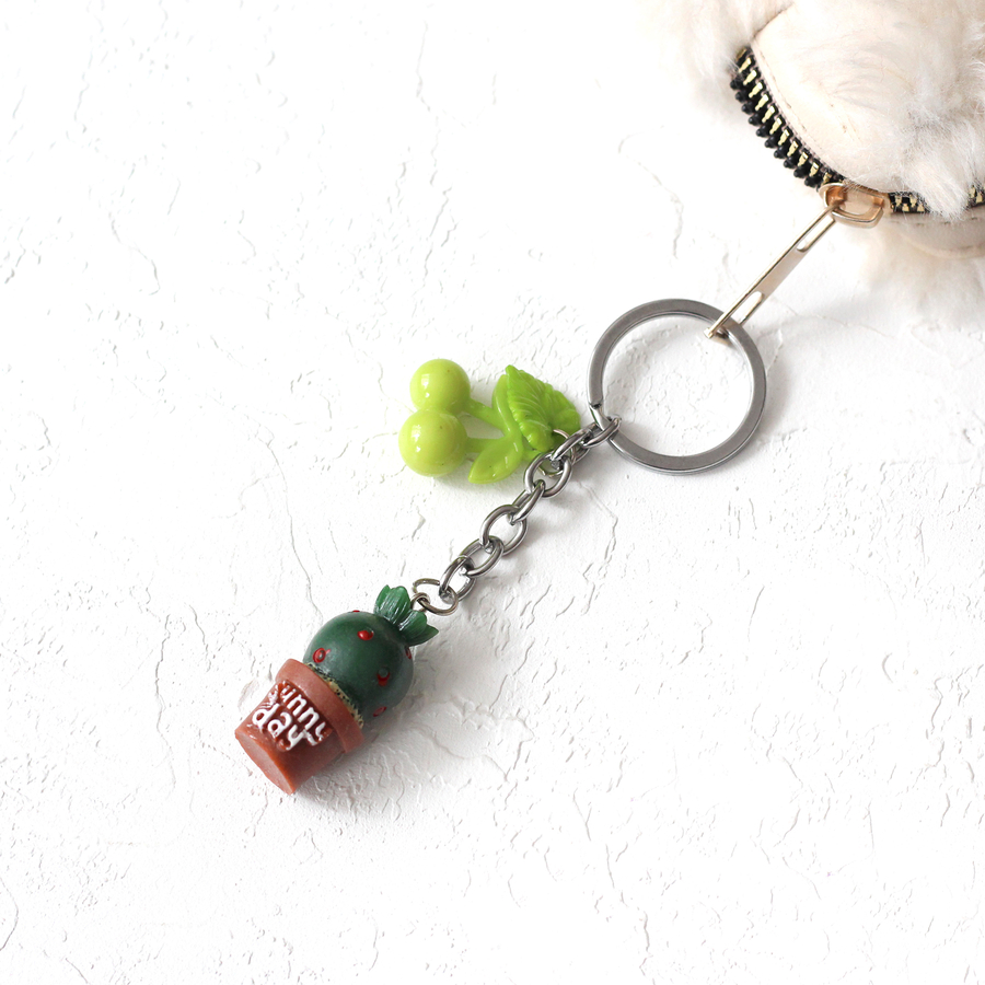 Brown potted cactus keychain with green fruits - 2