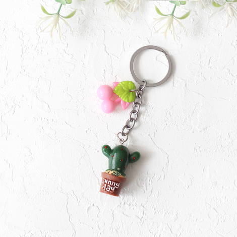 Brown potted cactus keychain with pink fruit - Bimotif
