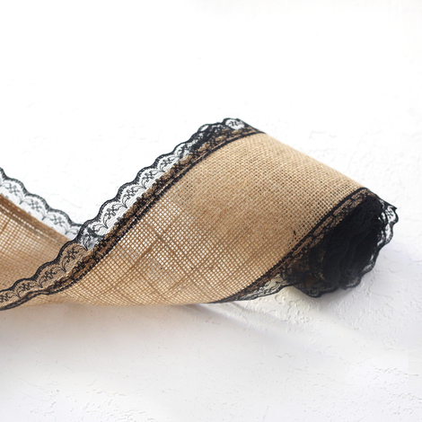 Jute ribbon, edge lace, 2 metres / Black - 2