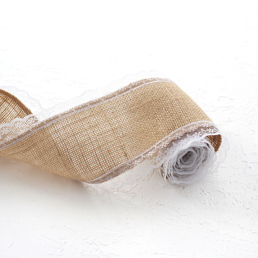 Jute ribbon, edge lace, 2 metres / White - 2