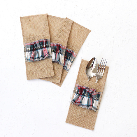 Green and white woven plaid cutlery cover, 10x22 cm / 4 pcs - Bimotif (1)
