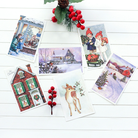 Postcard, Christmas, red house / set of 10 (60 pcs) - Bimotif