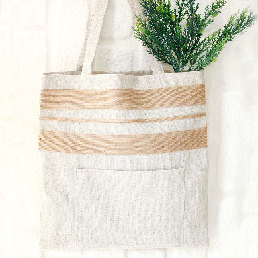 Linen tote bag with jute piping and front pockets - 1