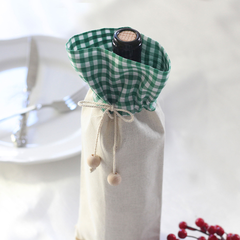 Green gingham, raw cloth wine bottle cover / 14x34 cm - 2