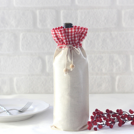 Red gingham, raw cloth wine bottle cover / 14x34 cm - Bimotif