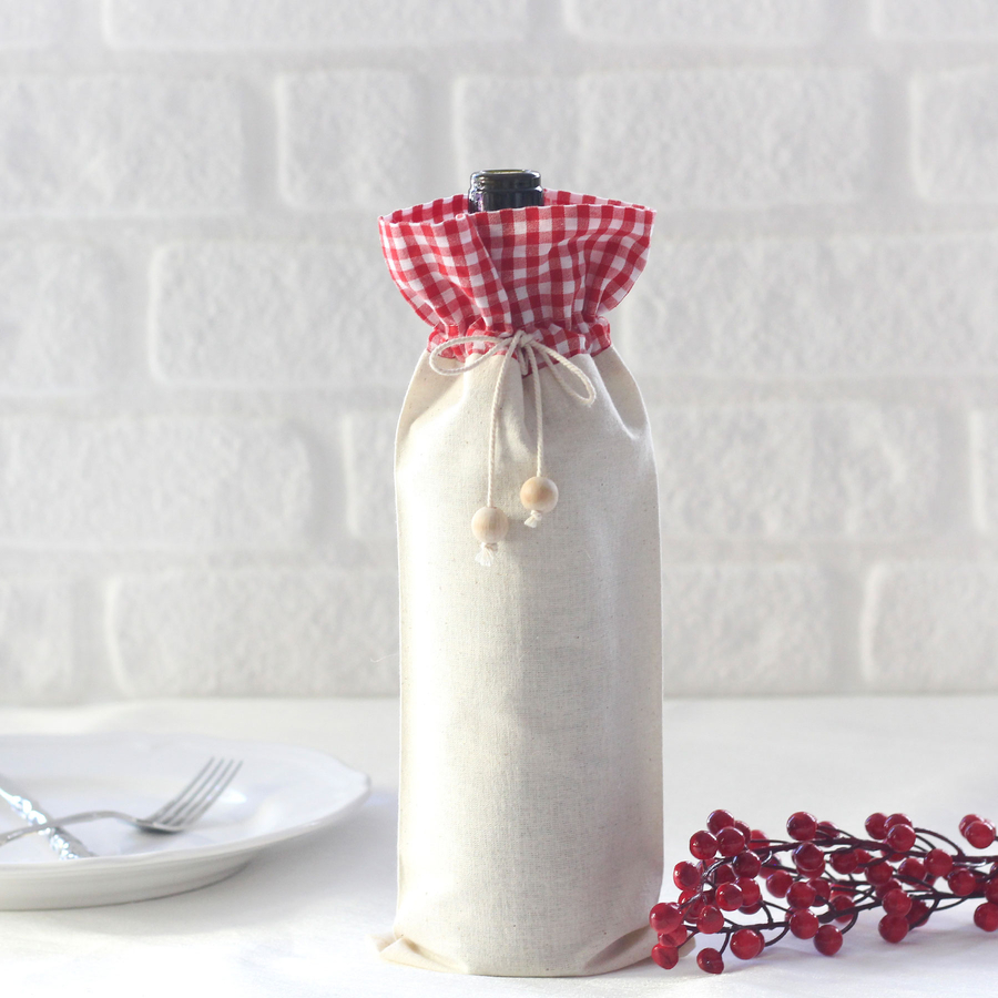 Red gingham, raw cloth wine bottle cover / 14x34 cm - 1