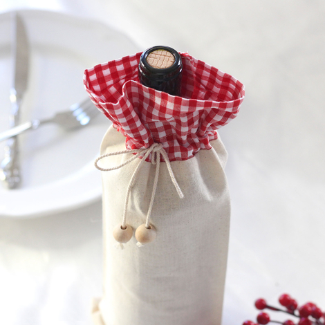 Red gingham, raw cloth wine bottle cover / 14x34 cm - 2