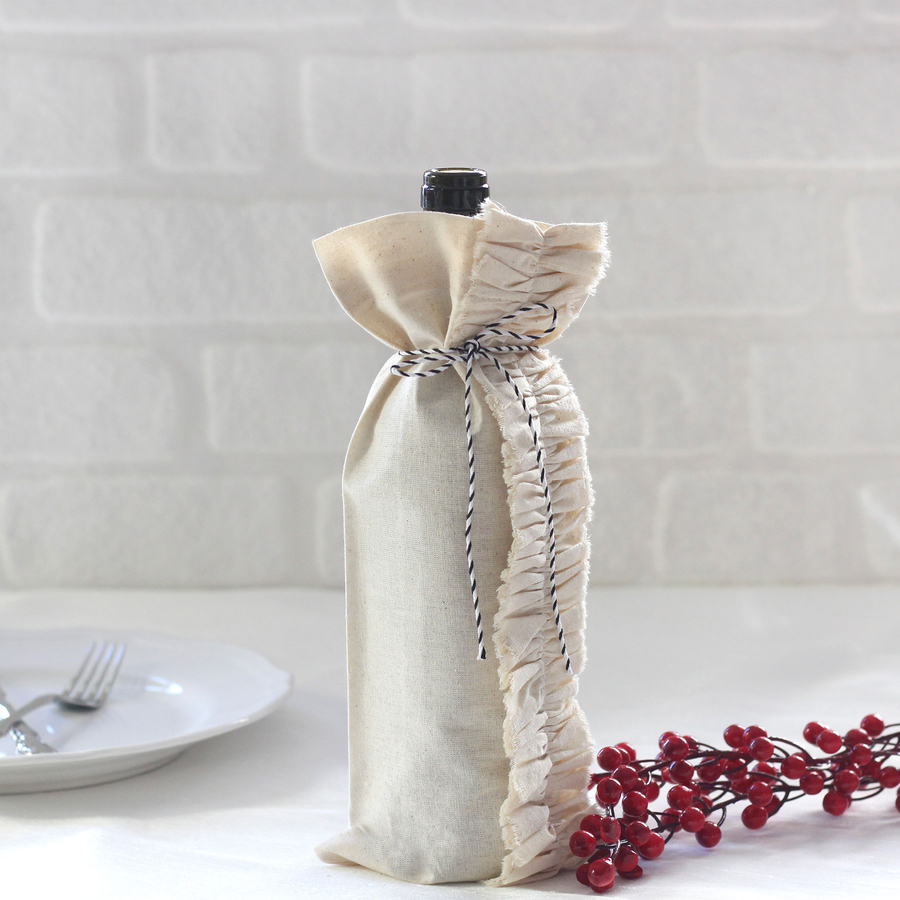 Raw cloth wine bottle cover with ruffles / 14x34 cm - 1
