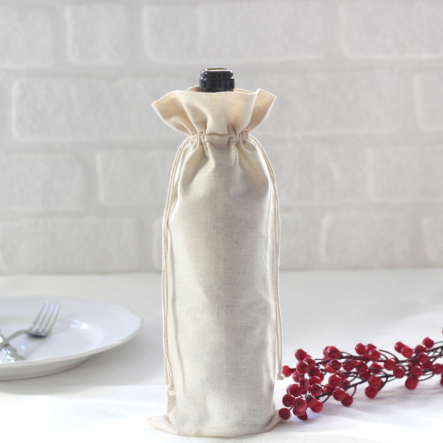 Raw cloth wine bottle cover with drawstring / 14x34 cm - 1