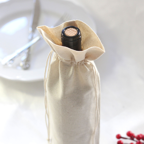 Raw cloth wine bottle cover with drawstring / 14x34 cm - 2