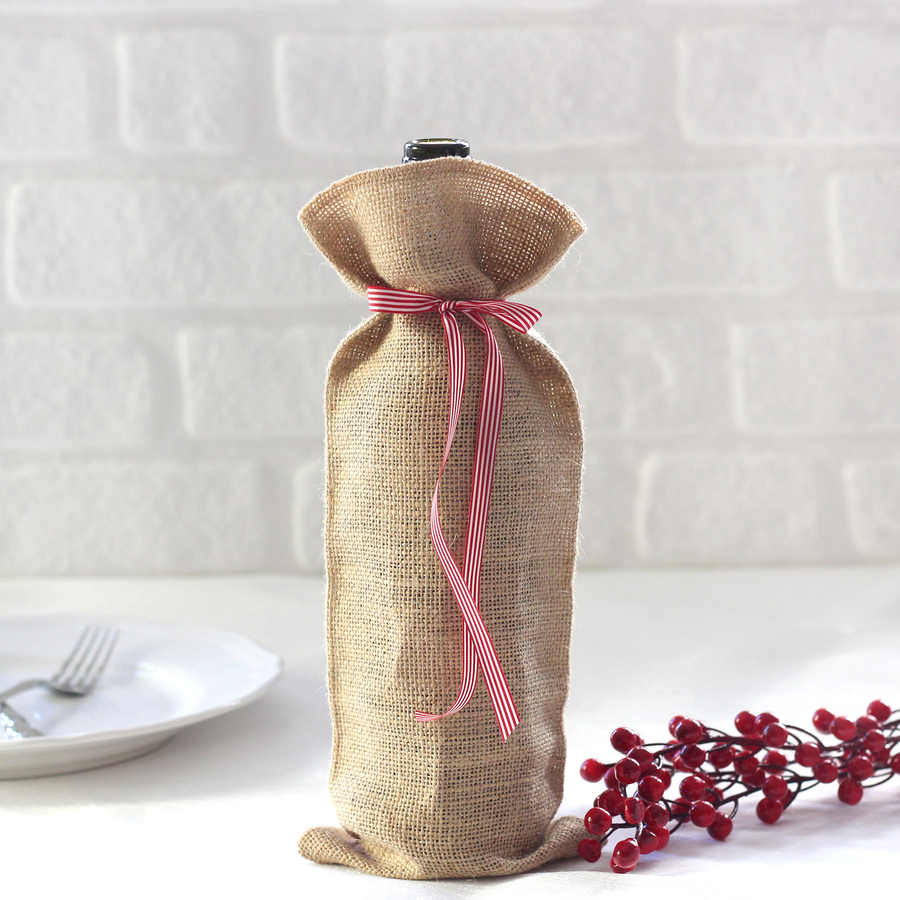 Jute wine bottle cover with red and white ribbon / 14x34 cm - 1