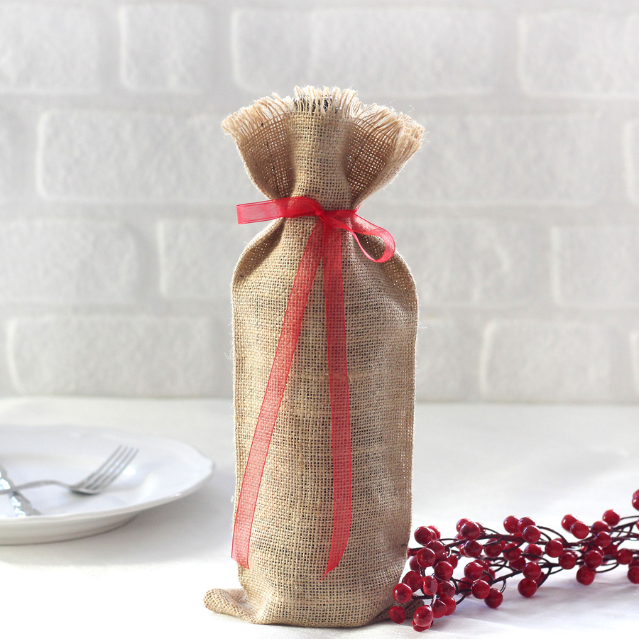 Jute wine bottle cover with tassels and red ribbon / 14x34 cm - 1