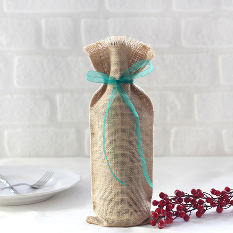 Jute wine bottle cover with tassels and green ribbon / 14x34 cm - Bimotif