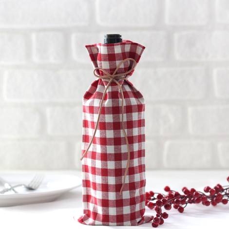Red checked woven fabric wine bottle cover / 14x34 cm - Bimotif