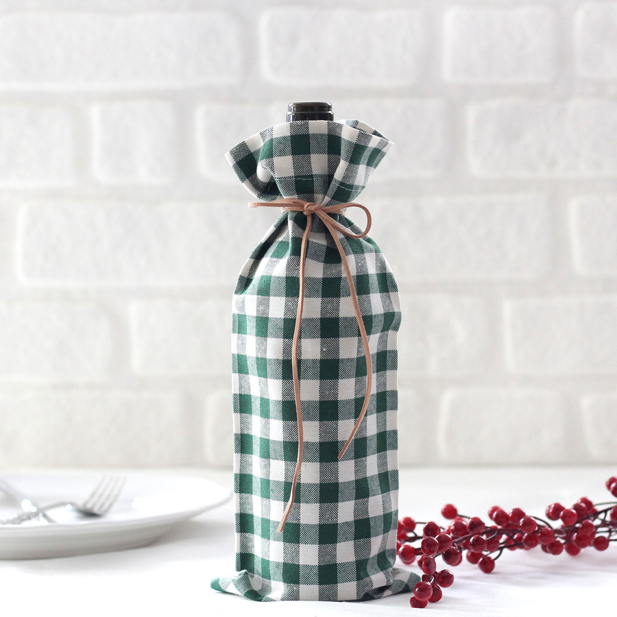 Green checked woven fabric wine bottle cover / 14x34 cm - 1