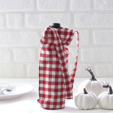 Red checked woven fabric wine bottle bag, 14x34 cm - Bimotif