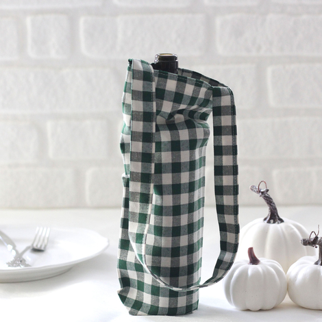 Green checked woven fabric wine bottle bag, 14x34 cm - Bimotif