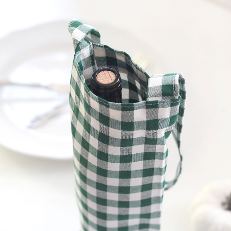 Green checked woven fabric wine bottle bag, 14x34 cm - Bimotif (1)