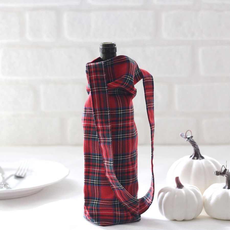 Red-green checked fabric wine bottle bag, 14x34 cm - 1
