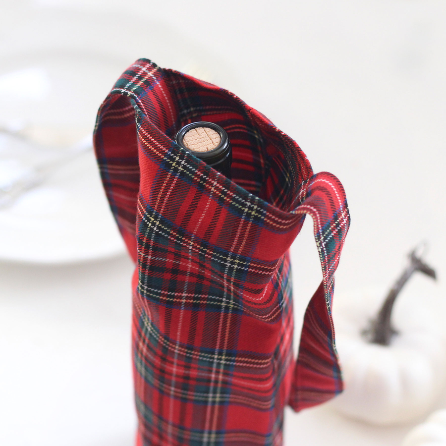 Red-green checked fabric wine bottle bag, 14x34 cm - 2