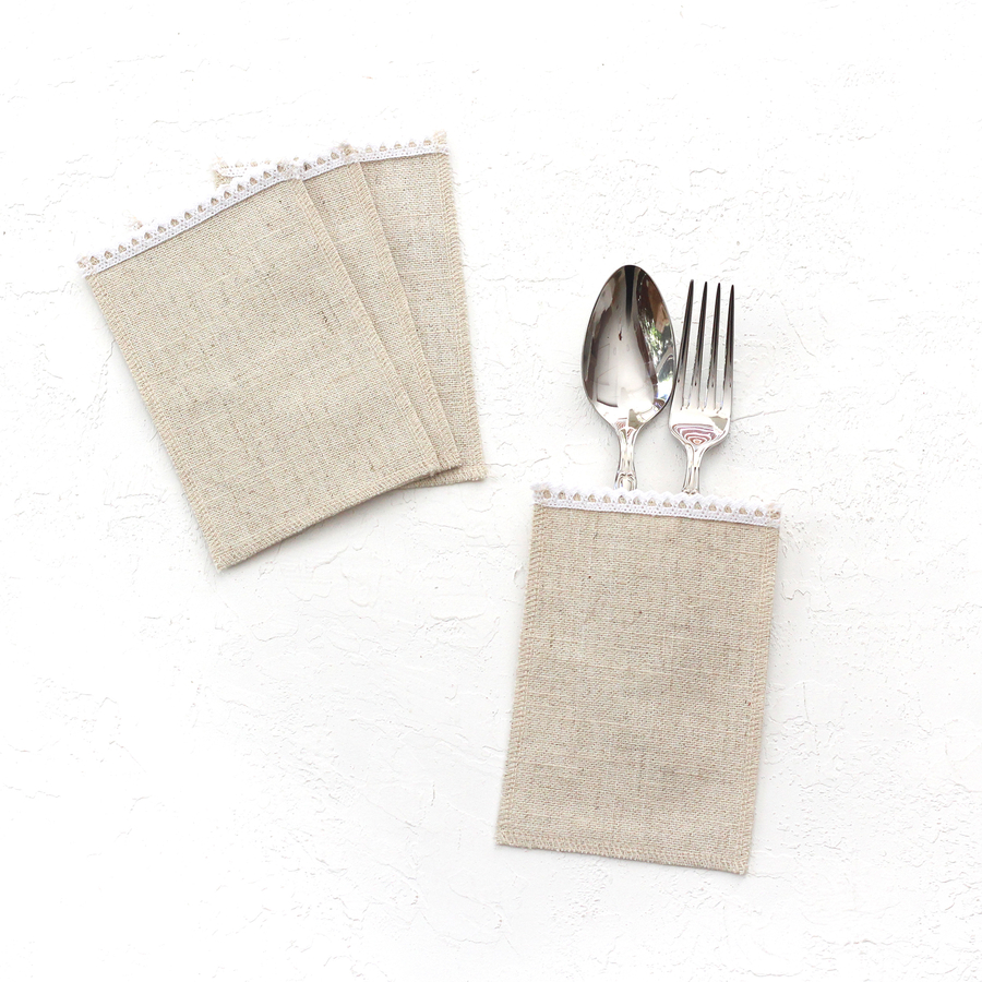 Poly-linen cutlery service with white lace edge, 10x15 cm / 12 pcs - 4