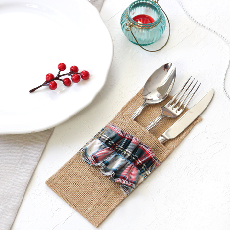Green and white woven plaid cutlery cover, 10x22 cm / 12 pcs - 2