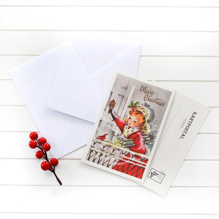 Christmas postcard-envelope set of 2, woman in red - 1