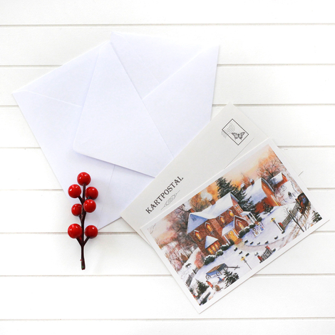 Christmas postcard-envelope set of 2, snowy mansion - Bimotif