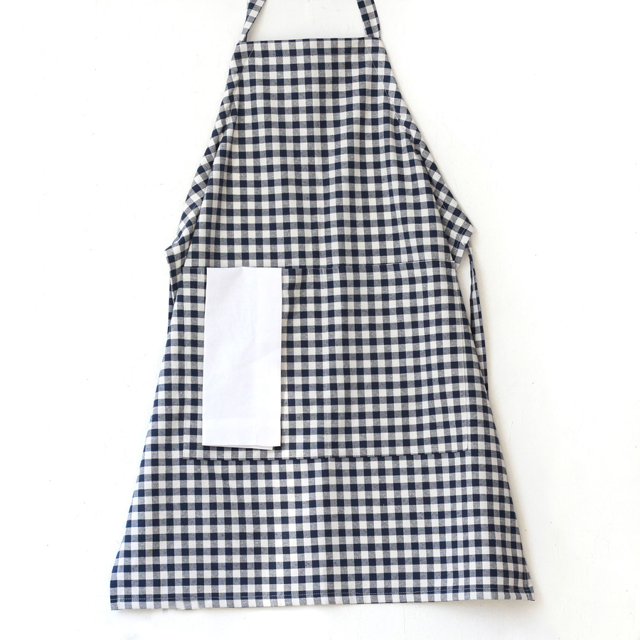Lace-up, navy blue and white checkered woven fabric kitchen apron / 90x70 cm - 3