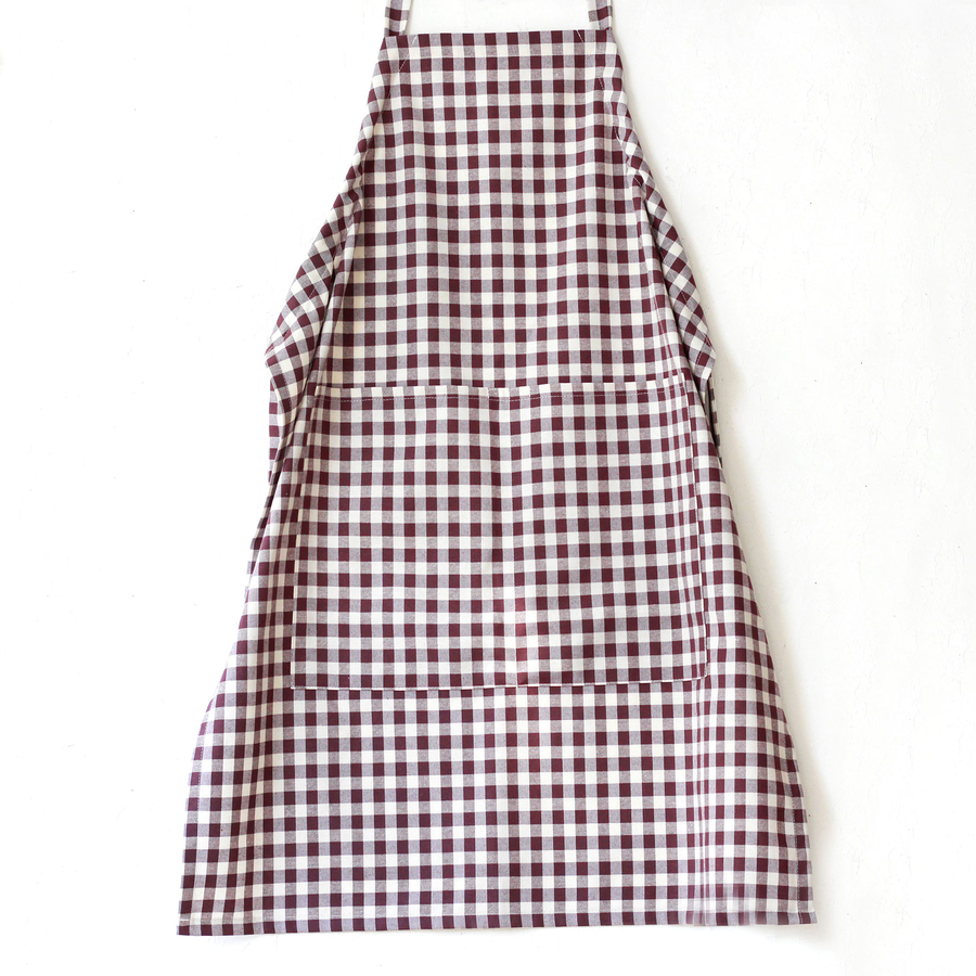 Lace-up, burgundy and white checkered woven fabric kitchen apron / 90x70 cm - 1