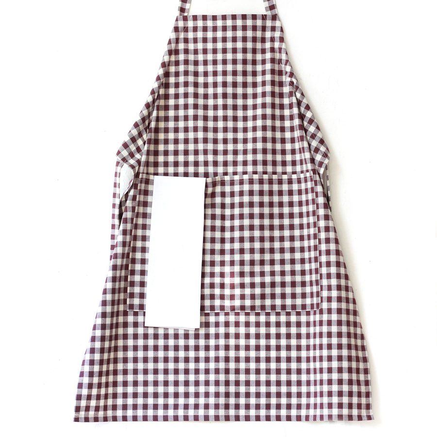 Lace-up, burgundy and white checkered woven fabric kitchen apron / 90x70 cm - 3