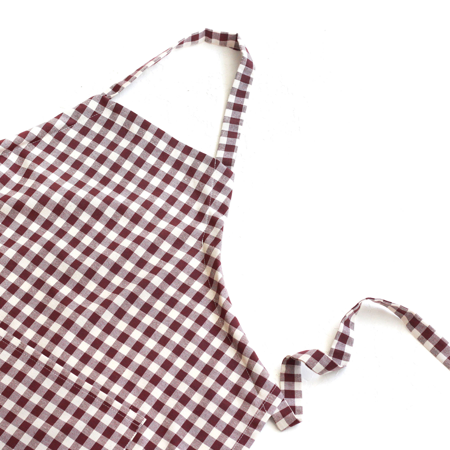 Lace-up, burgundy and white checkered woven fabric kitchen apron / 90x70 cm - 2