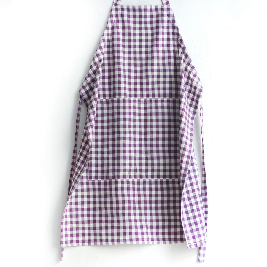 Kitchen apron with lace-up, Damson color and white checkered woven fabric / 90x70 cm - 1