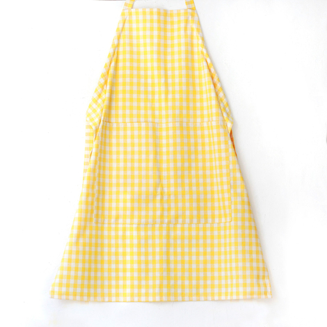 Yellow and white checkered woven fabric kitchen apron with ties / 90x70 cm - Bimotif
