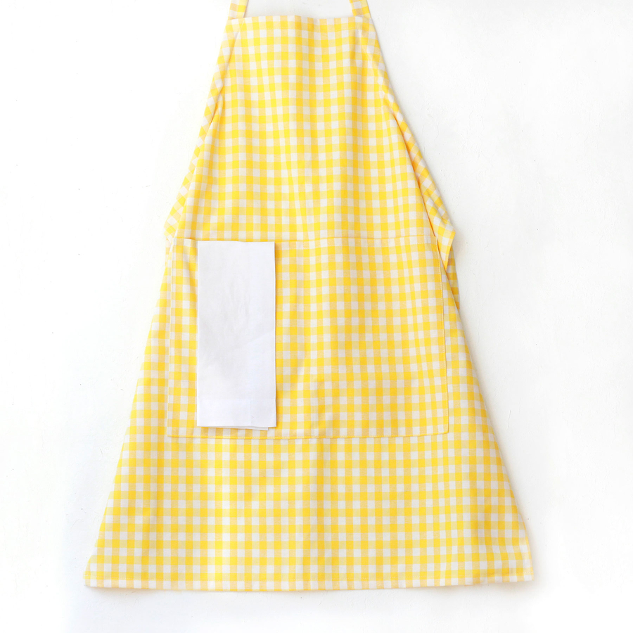 Yellow and white checkered woven fabric kitchen apron with ties / 90x70 cm - 3