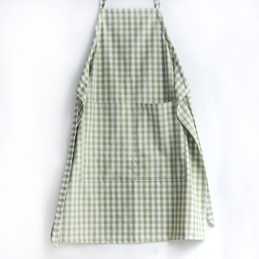 Light green and white checked woven fabric kitchen apron / 90x70 cm - 1