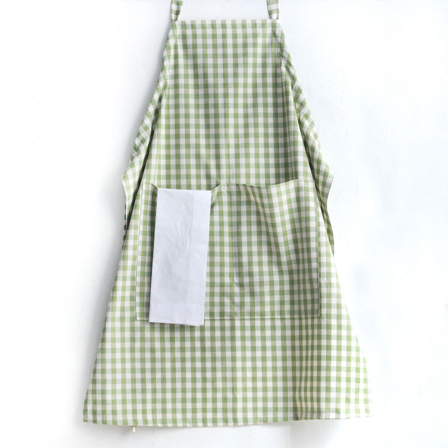 Light green and white checked woven fabric kitchen apron / 90x70 cm - 3
