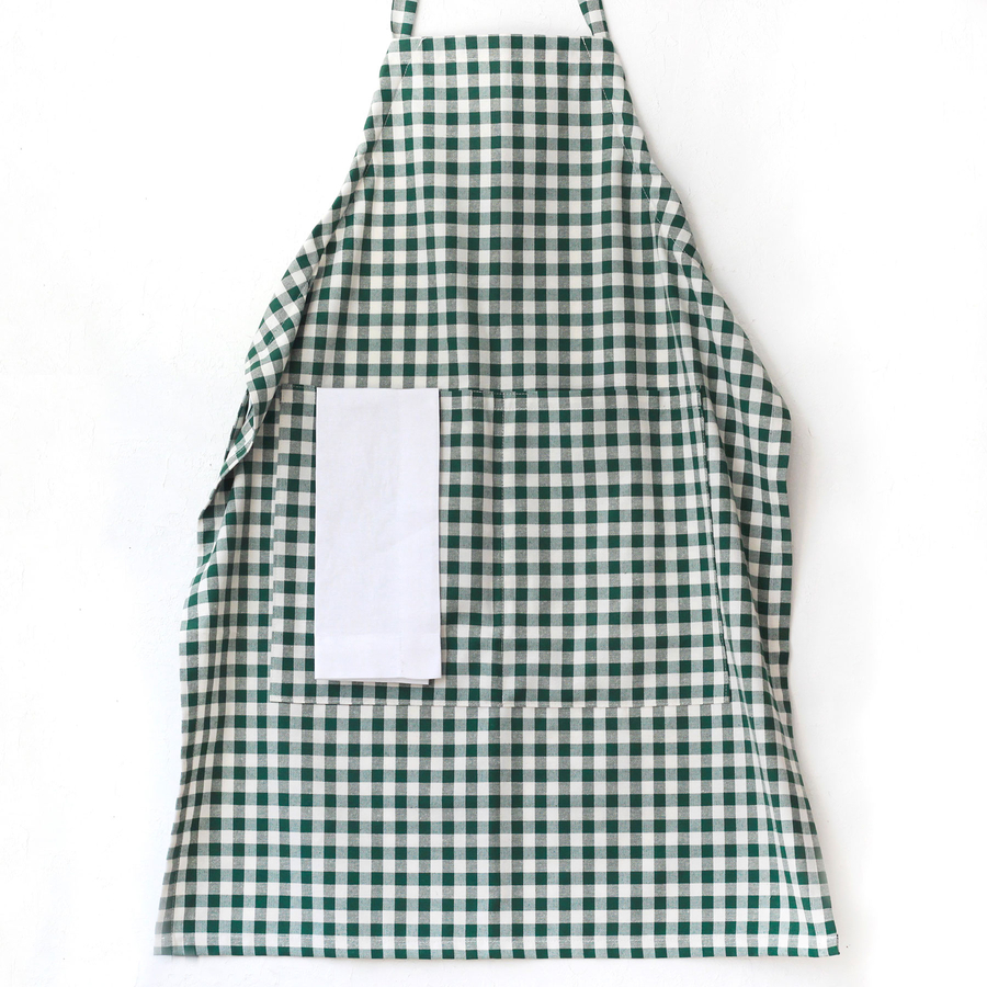 Dark green and white checkered woven fabric kitchen apron with ties / 90x70 cm - 3