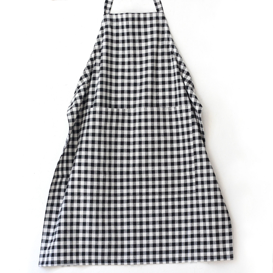 Black and white checkered woven fabric kitchen apron with ties / 90x70 cm - 1