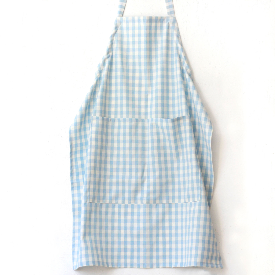 Light blue and white checkered woven fabric kitchen apron with ties / 90x70 cm - 1