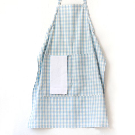Light blue and white checkered woven fabric kitchen apron with ties / 90x70 cm - 3