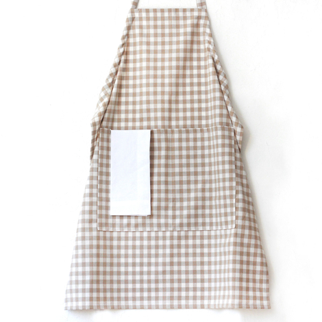 Beige and white checkered woven fabric kitchen apron with ties / 90x70 cm - 3