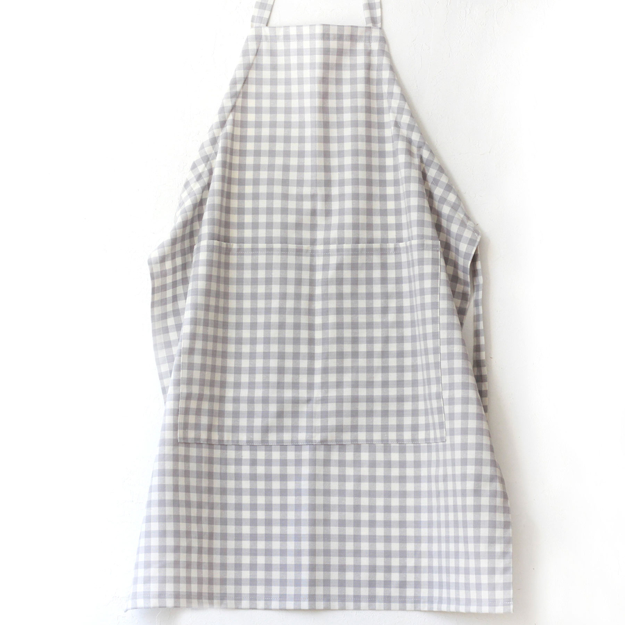 Lace-up, grey and white checkered woven fabric kitchen apron / 90x70 cm - 1