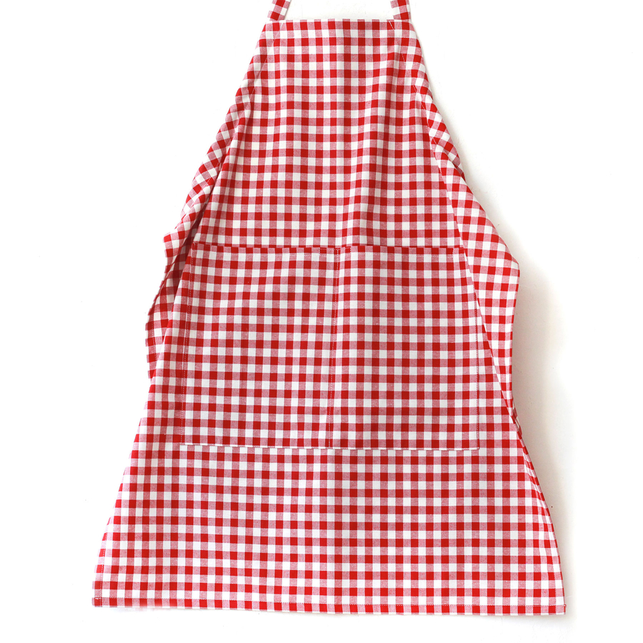Red and white checkered woven fabric kitchen apron with ties / 90x70 cm - 1