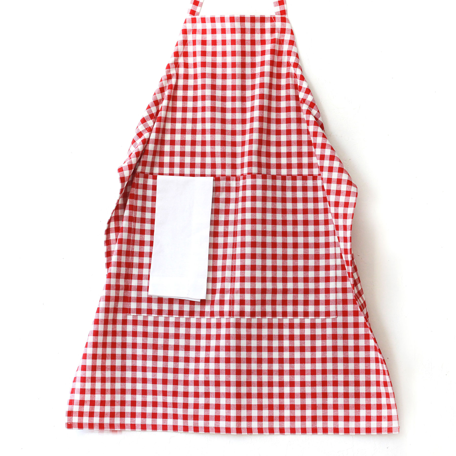 Red and white checkered woven fabric kitchen apron with ties / 90x70 cm - 3