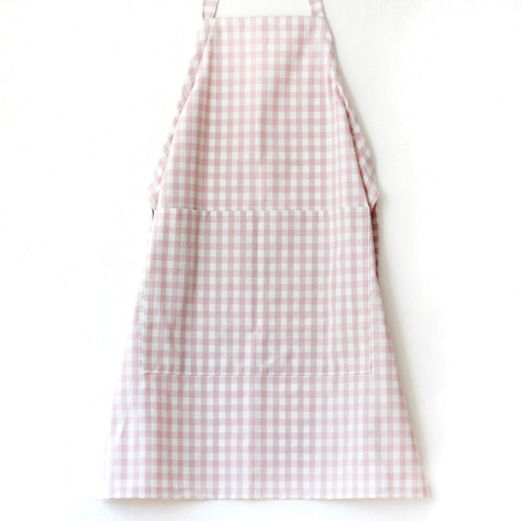 Powder color and white checkered woven fabric kitchen apron with ties / 90x70 cm - Bimotif