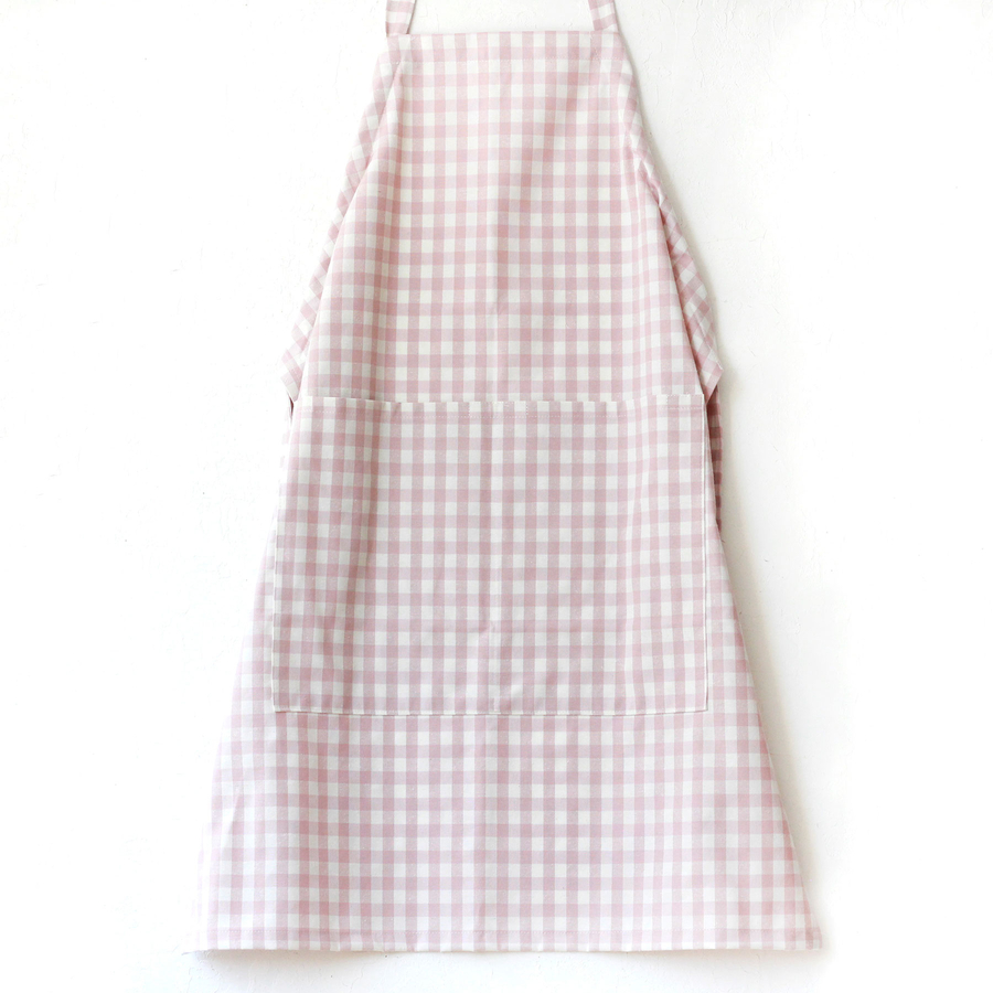 Powder color and white checkered woven fabric kitchen apron with ties / 90x70 cm - 1